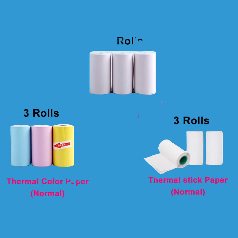 Three types of thermal paper rolls for a printer on a pink background