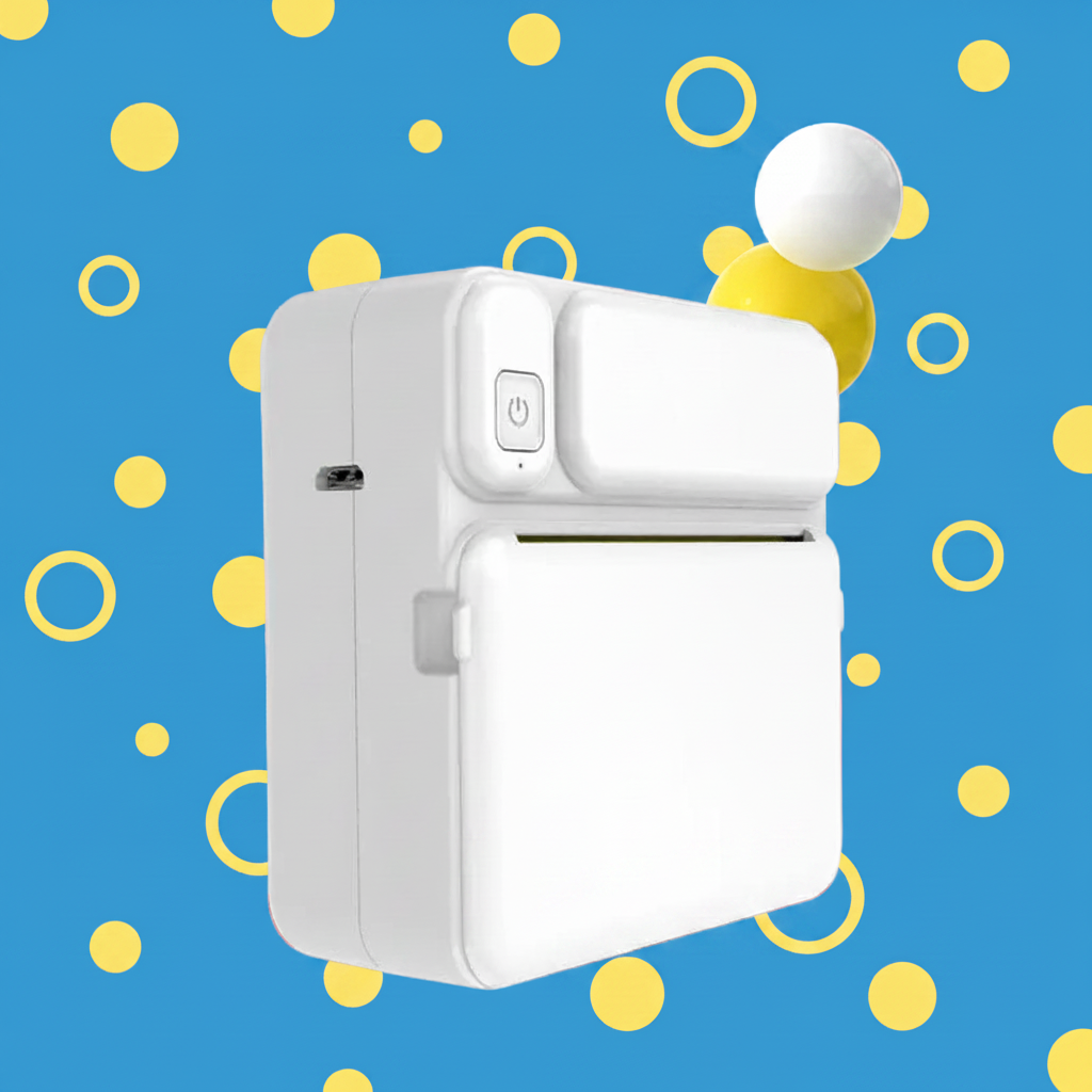 Mini Byt≡drop printer with 'inkless portable' text on a blue background
